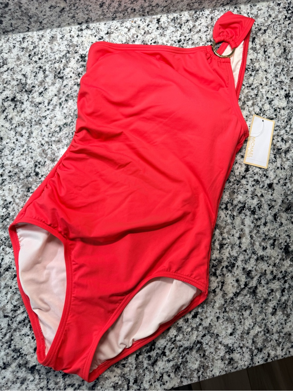 Michael Kors Bright Red One-Shoulder Swimsuit with Gold Ring Detail NWT